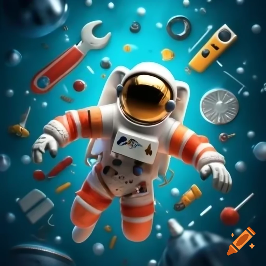 Astronaut floating in space with tools