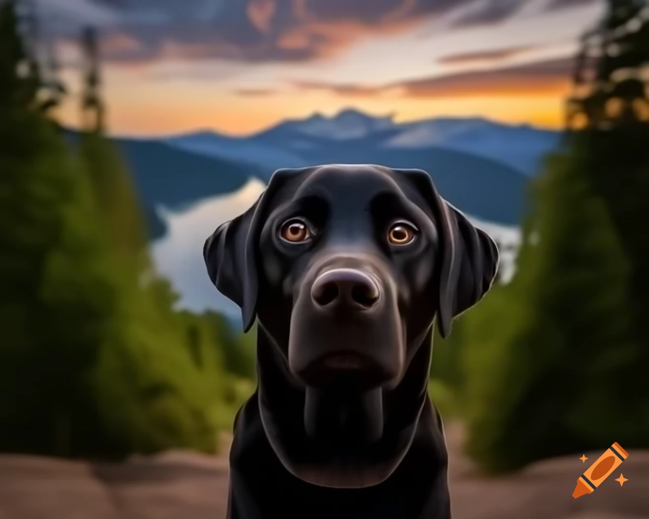 Black Labrador Retriever close up in forest with trees
