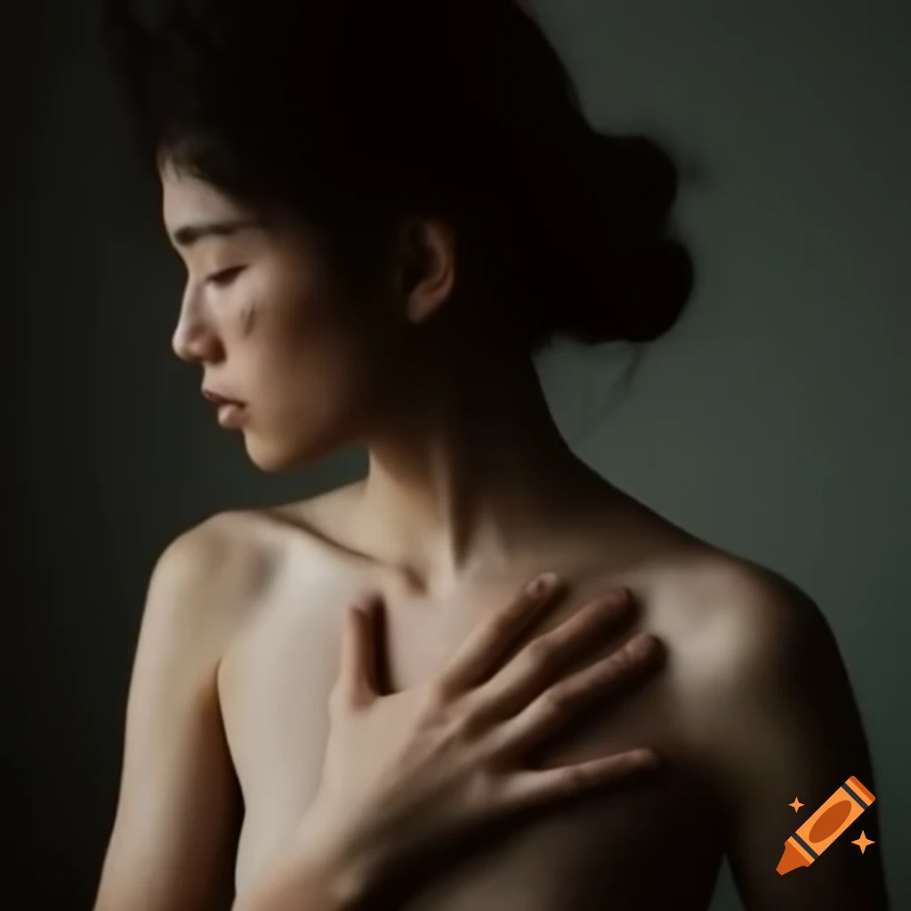 Person gently touching their chest, feeling heartbeat in a delicate and fancy visual style