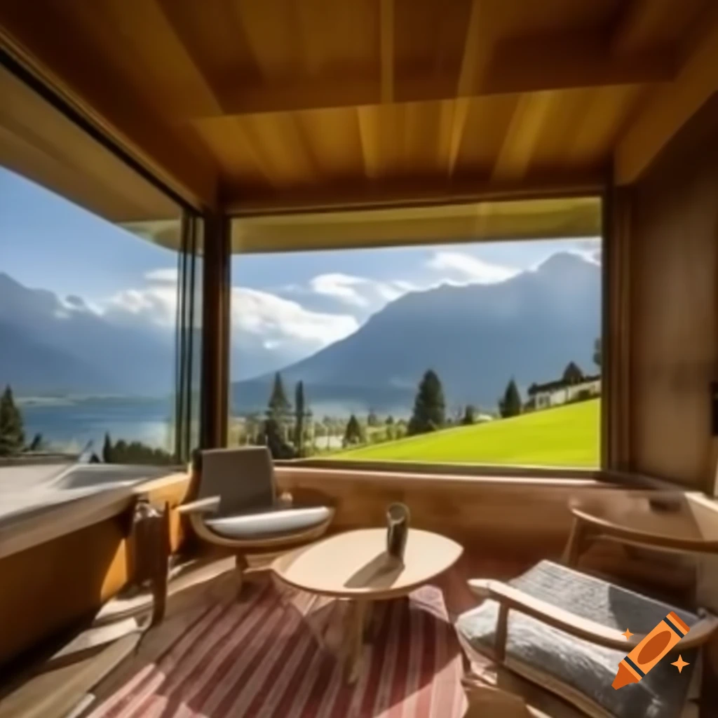 Interior view of a cabin in Switzerland with beautiful landscape outside