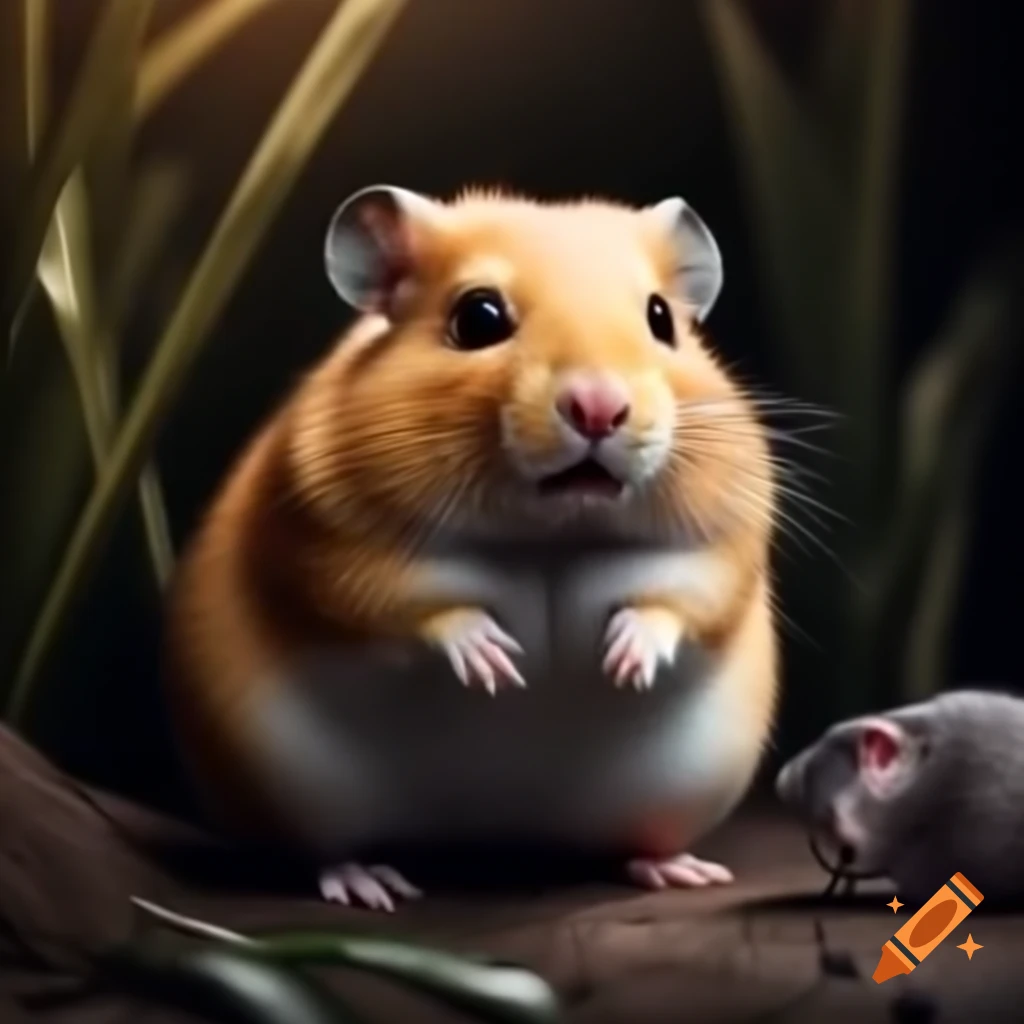 Hamster with large dark eyes interacting with a rat
