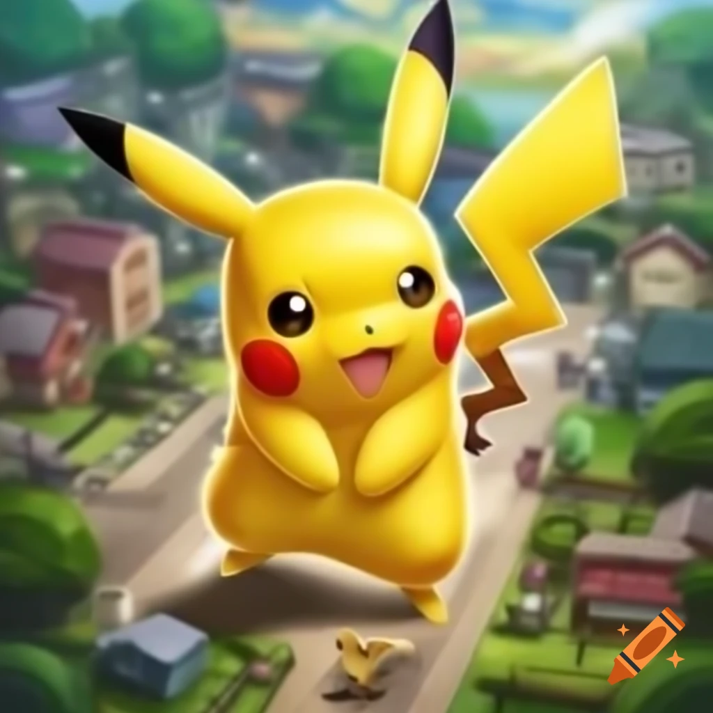 Giant Pikachu interacting with a tiny city
