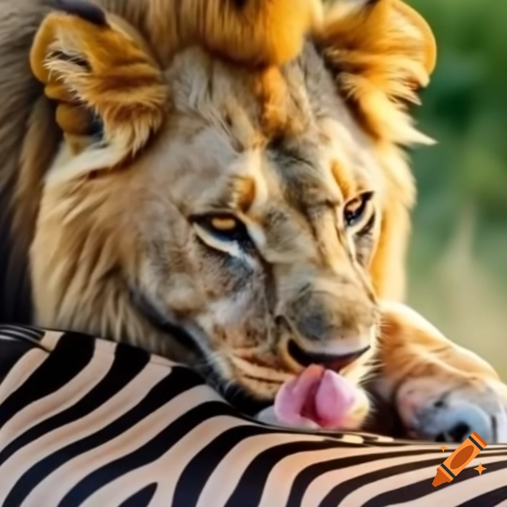Lion feeding on zebra in natural habitat