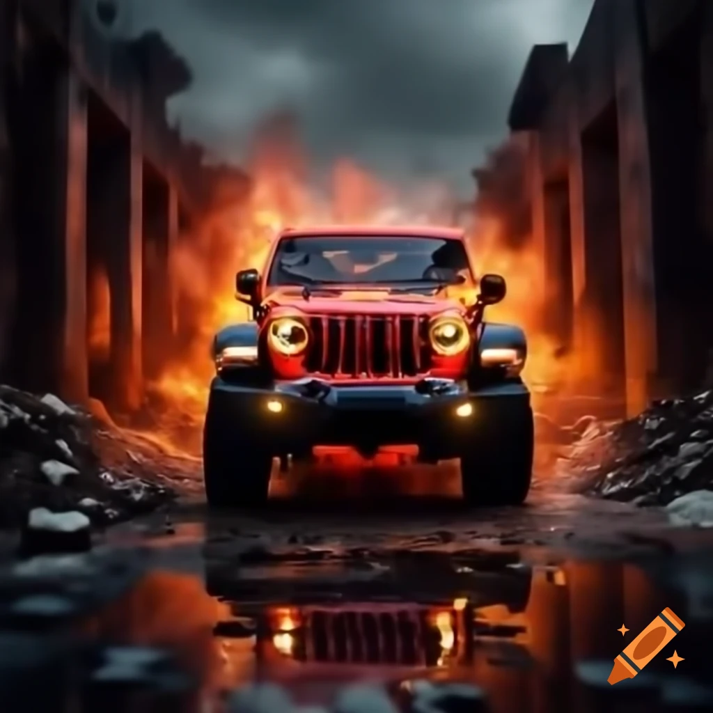 Fiery red Jeep Gladiator crashing through bricks in heavy rain