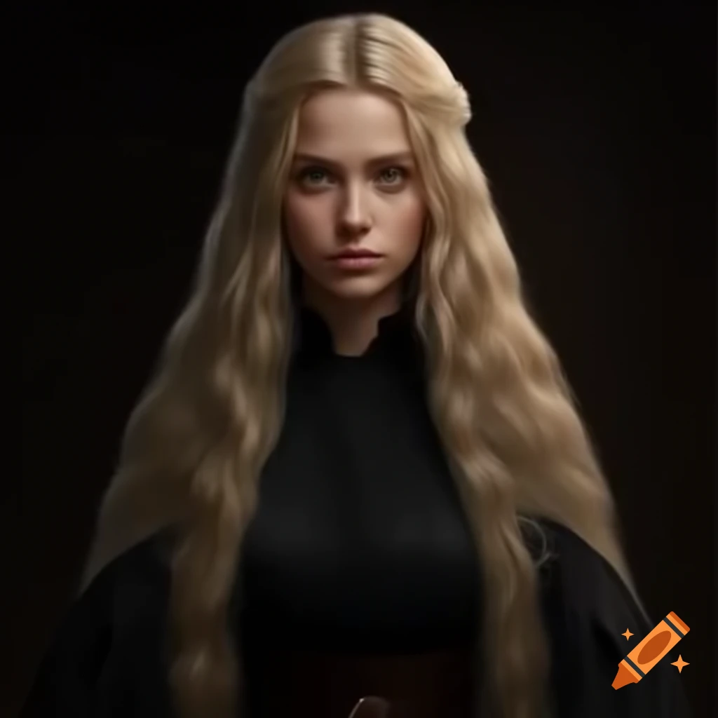 Woman pilgrim in black dress with long blonde hair