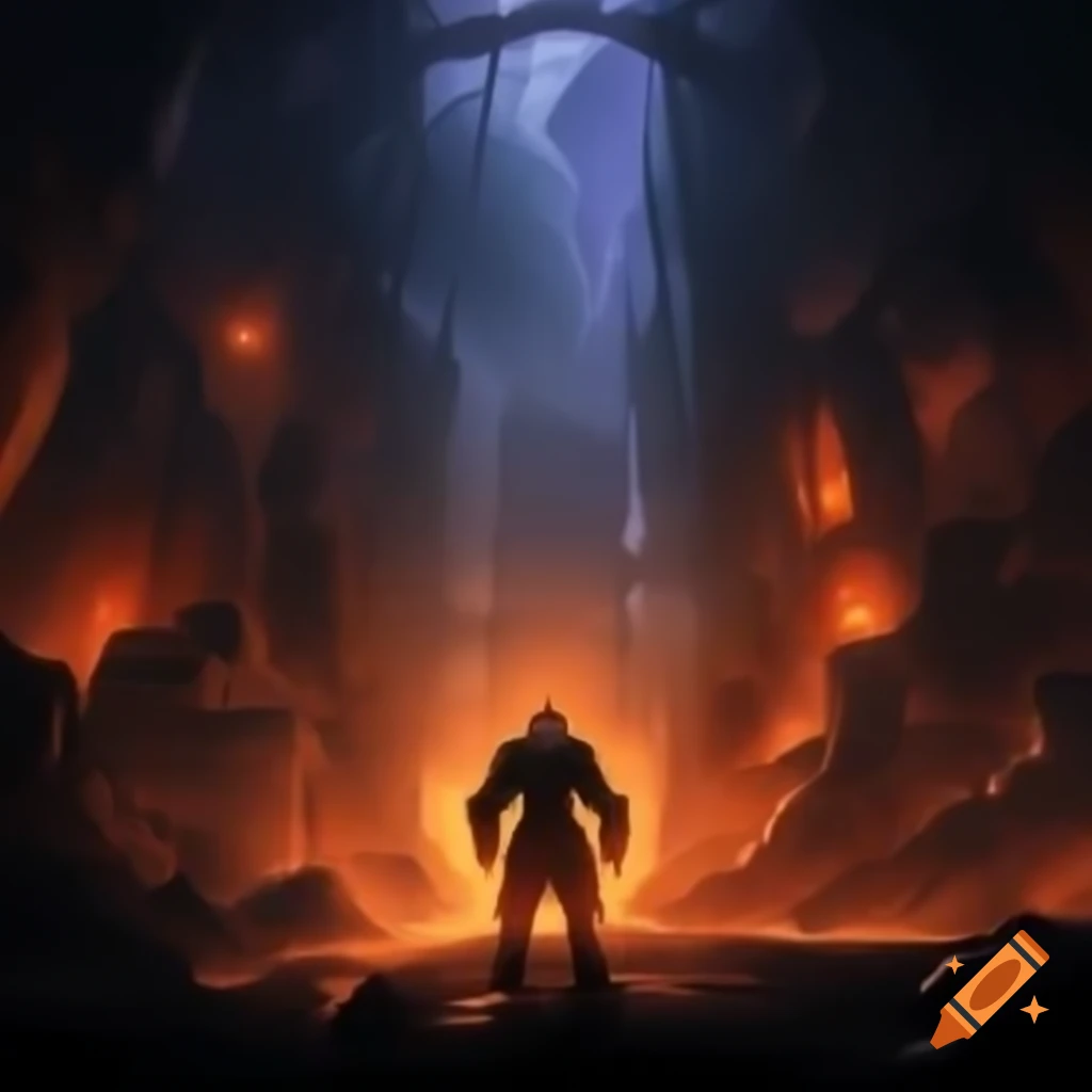 Graphic scene of a dark silhouette in a glittering black ore mine, inspired by World of Warcraft