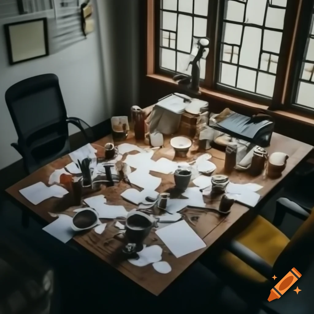 Cluttered office table with papers and rubbish in dimly lit room