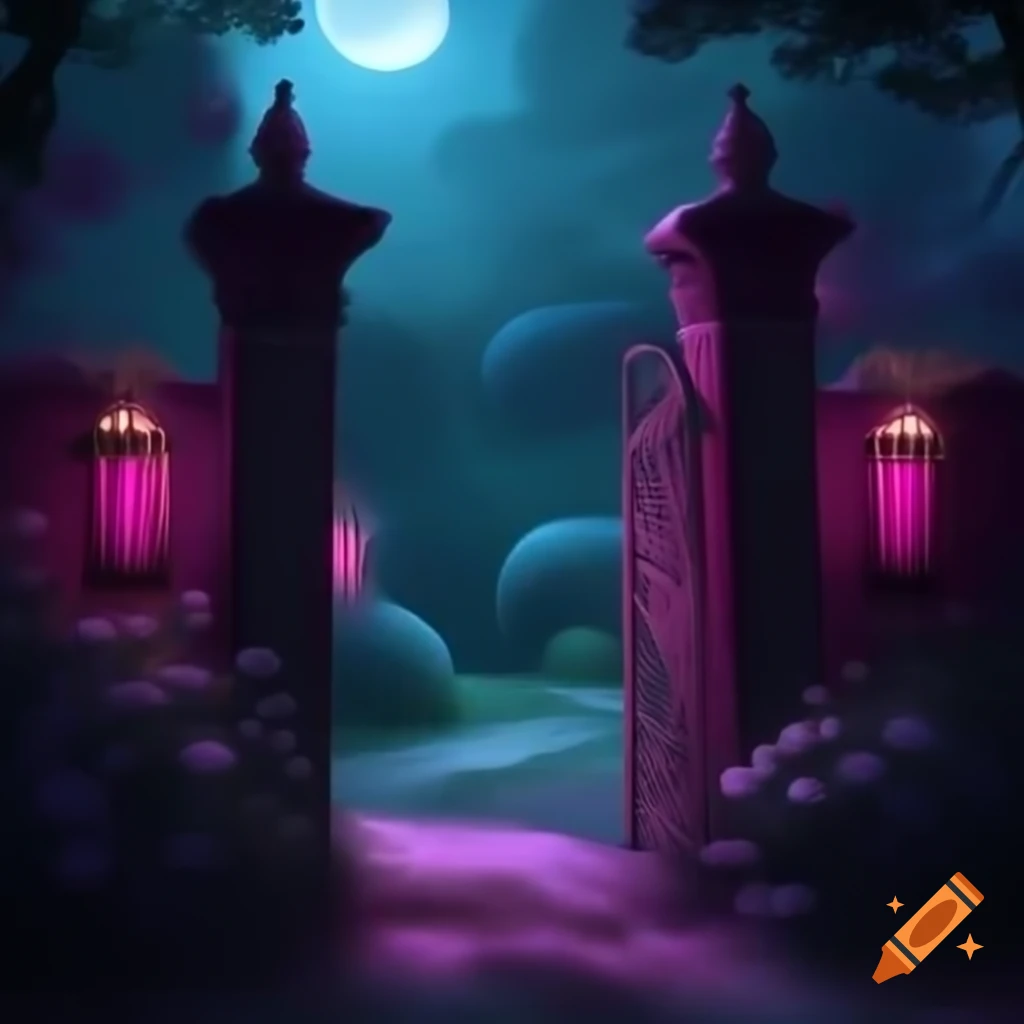Old gate entrance to a midnight garden with dark purple and blue tones