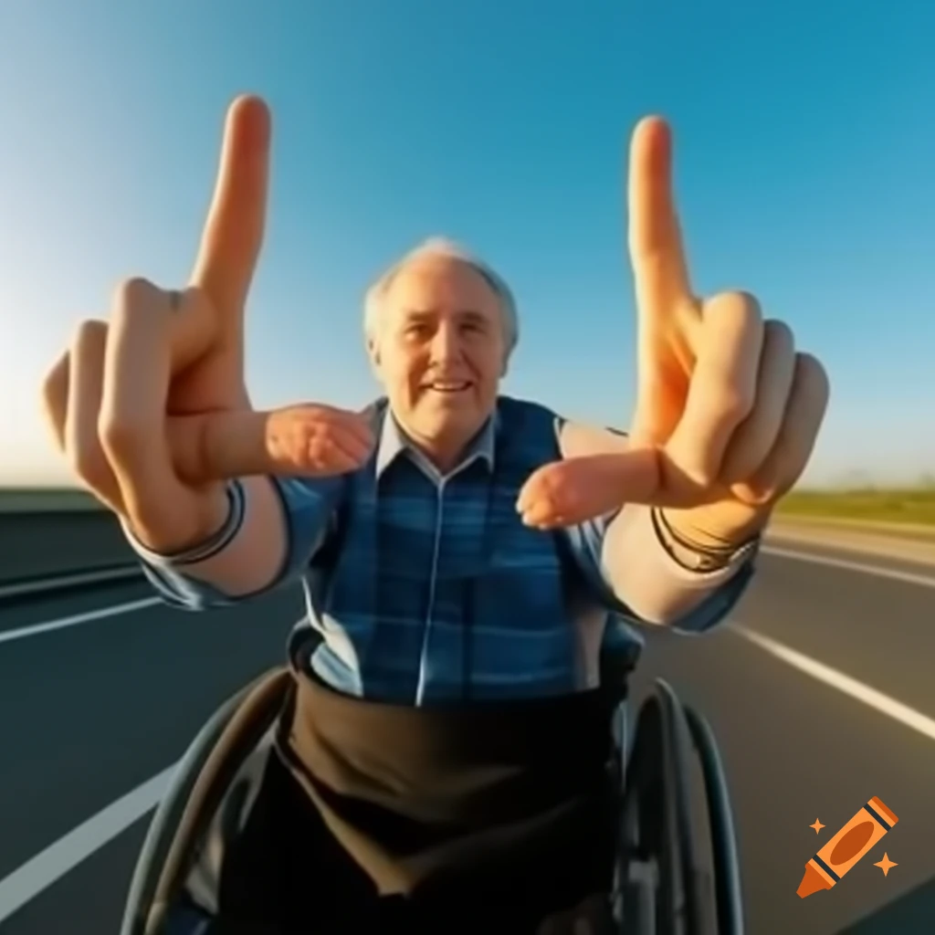 Man with four fingers in wheelchair zooming down motorway