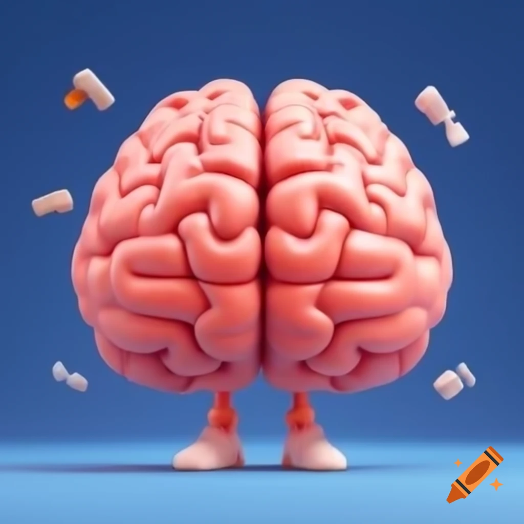 Whimsical illustration of split brain in blue and pink halves engaged
