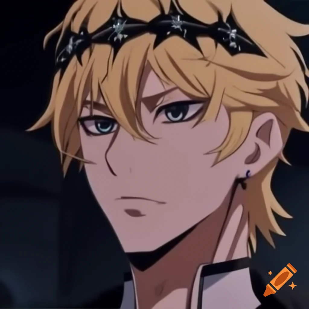 Anime illustration of serious man with black eyes, bleached blond hair, and royal circlet