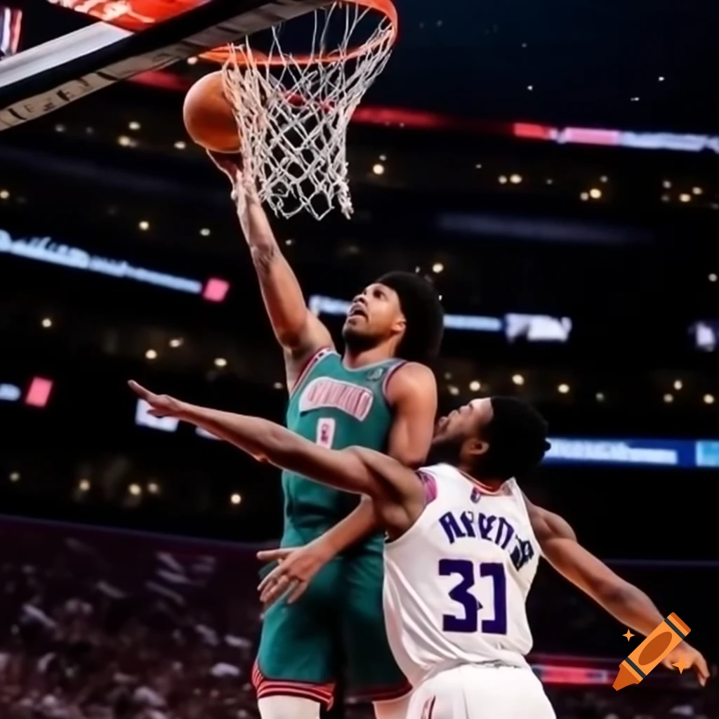 NBA player scoring a dunk in realistic photography