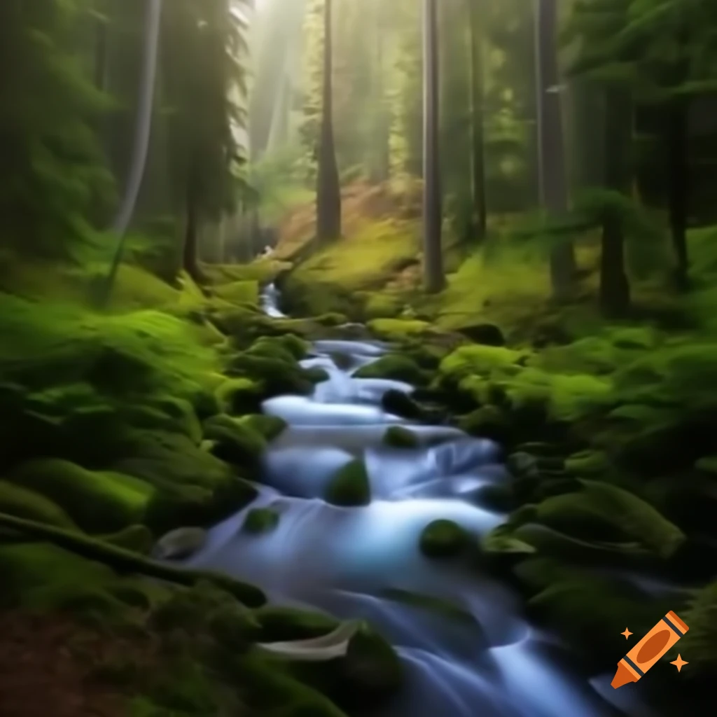 Watercolor inspired by tranquil forest and streams depicting quiet solitude