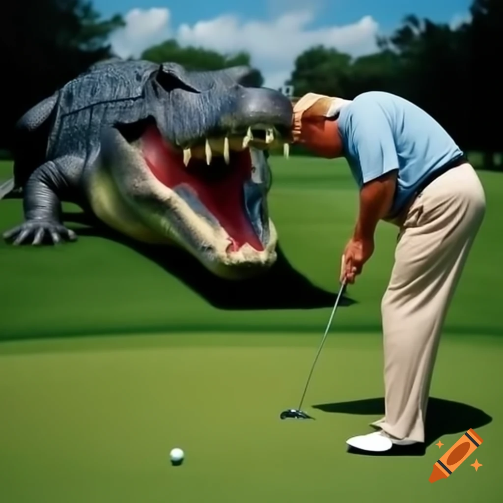 Satirical photorealistic portrait of Trump golfing while being chased by an alligator