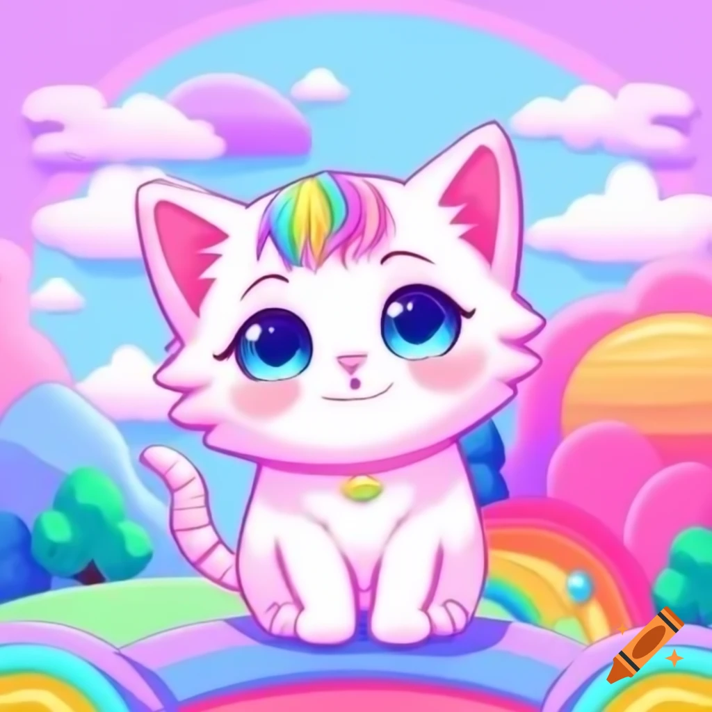 Cute anime-style kitten with rainbow colors in vibrant scenery