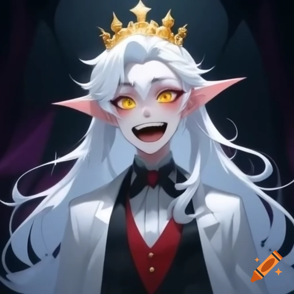 Young vampire prince with white hair and crown, laughing in elegant white suit