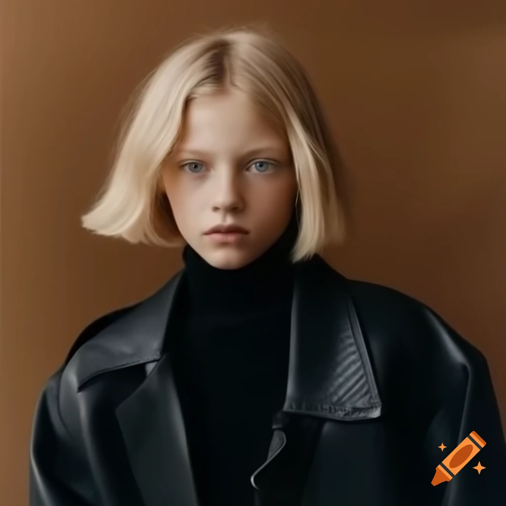 Blonde woman in Zara outfit against tan backdrop, high resolution