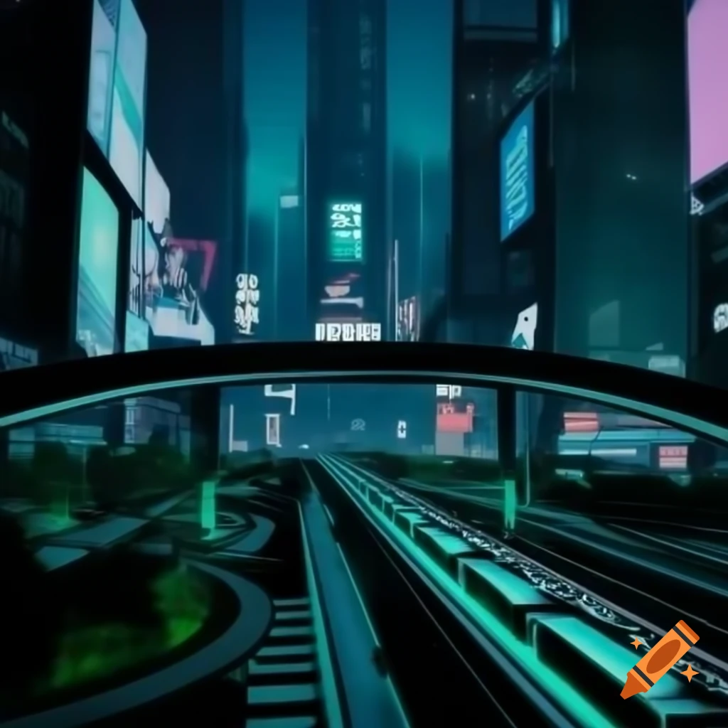 Retrofuturistic cityscape at twilight with neon lights