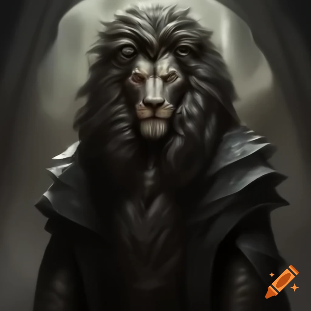 Fearsome lion-humanoid creature in black cloak with silver trim
