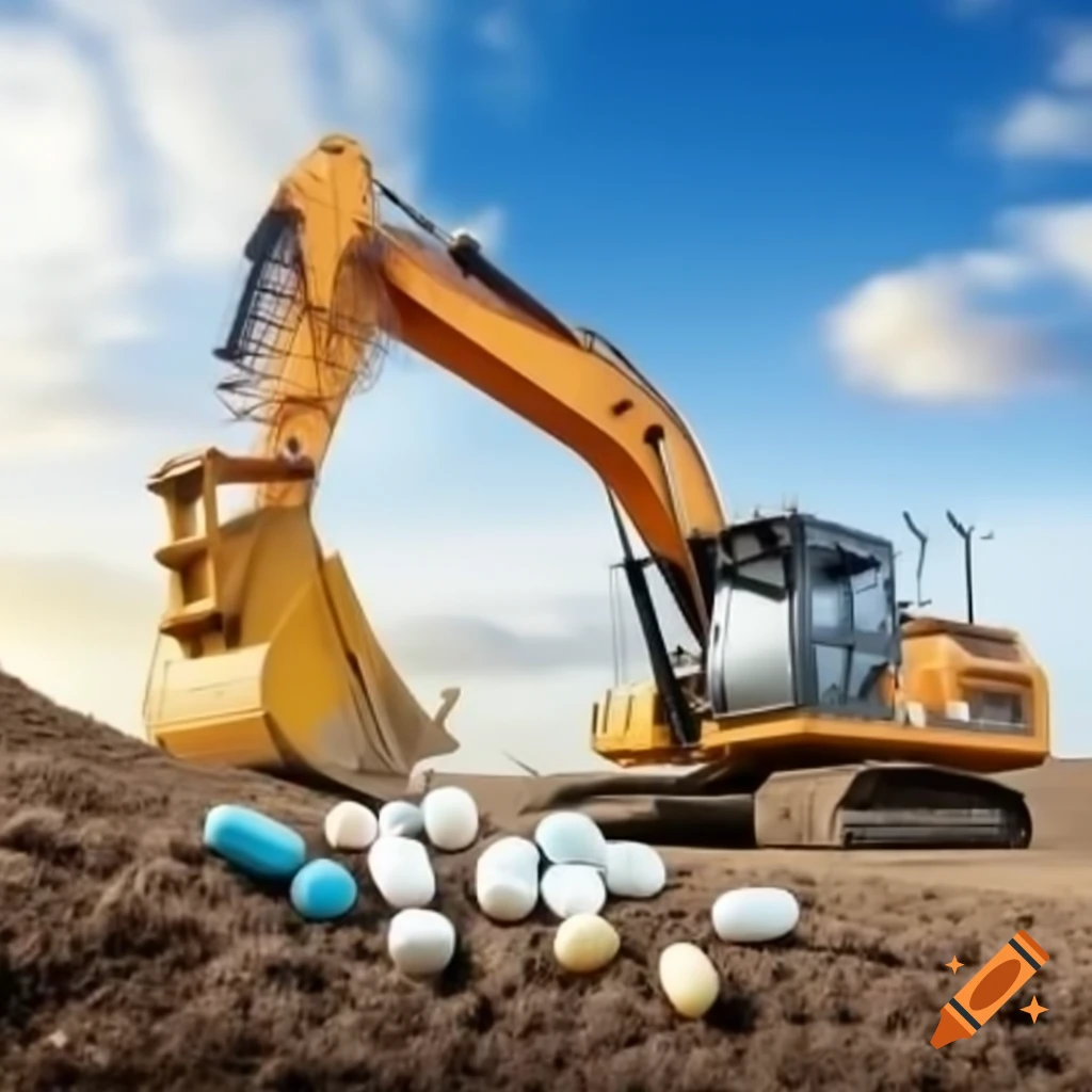 Excavator alongside hormone pills, titled 'pépine et hormones'