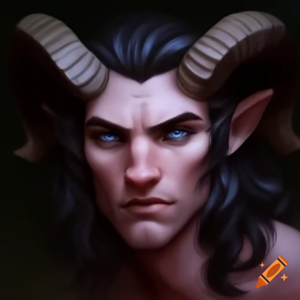 Male faun character with ram horns and blue eyes, dressed in pink