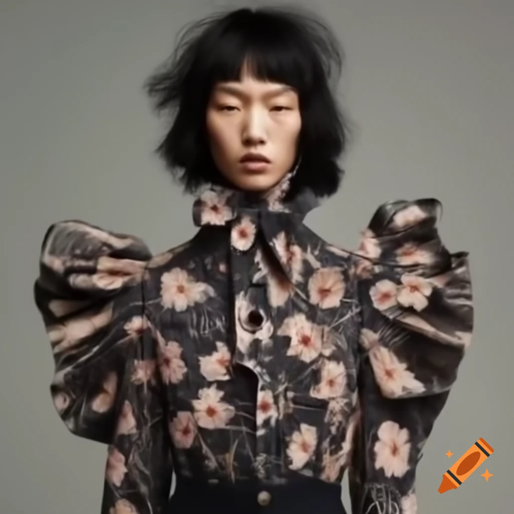 Victorian and grunge style flower-patterned shirt with puffed sleeves and bow