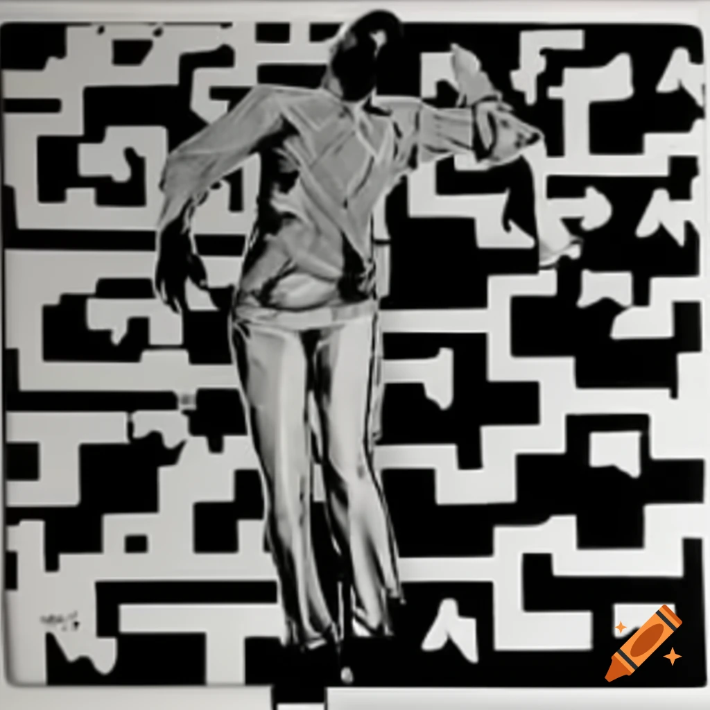 Black figure in maze represented in Warhol style Dadaist collage