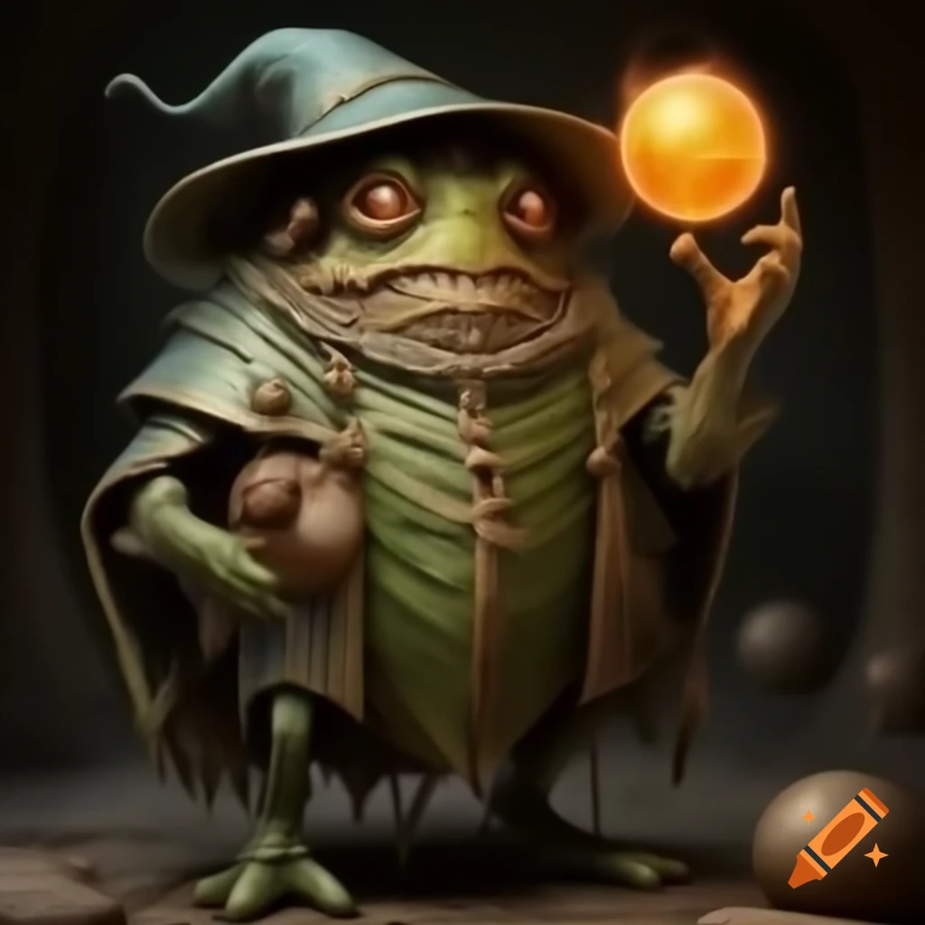 Dung beetle wizard with a magical orb made of organic material