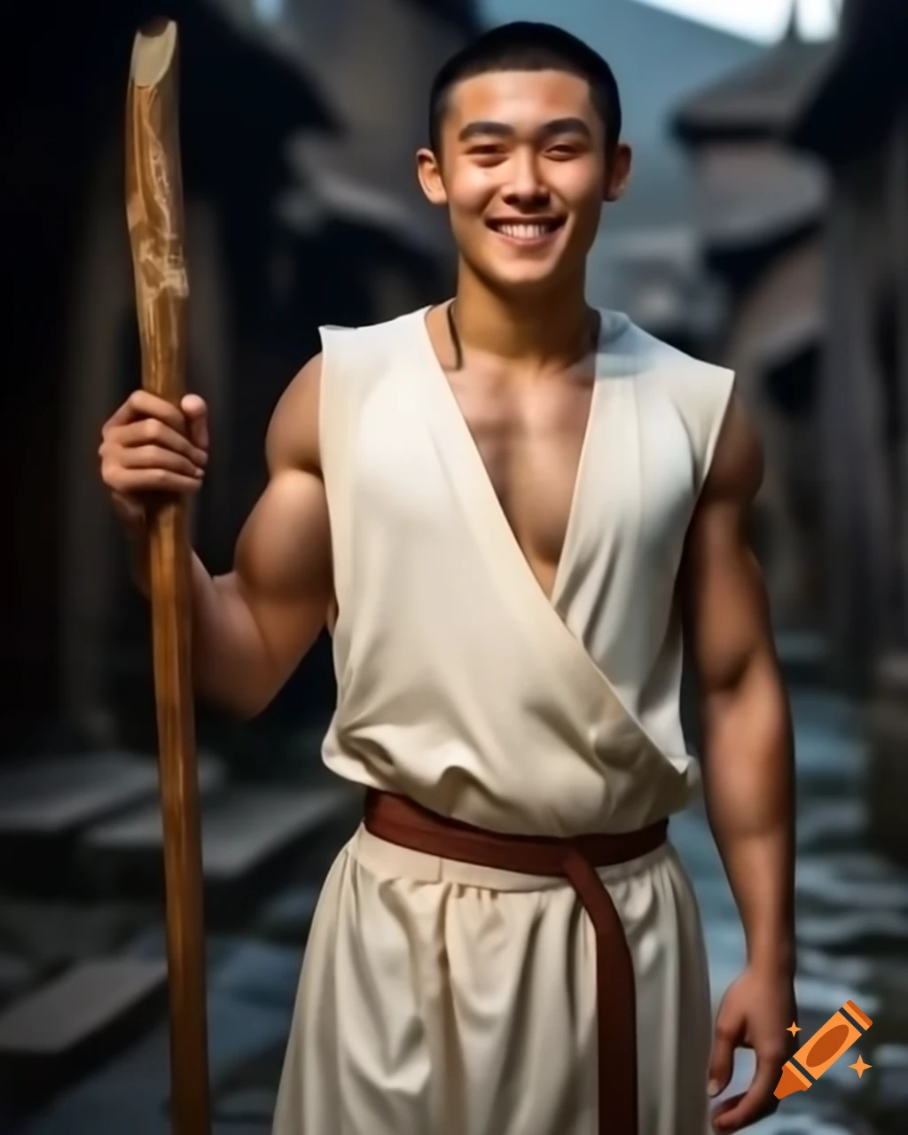 Young man in medieval Spanish village greeting with oak walking-staff