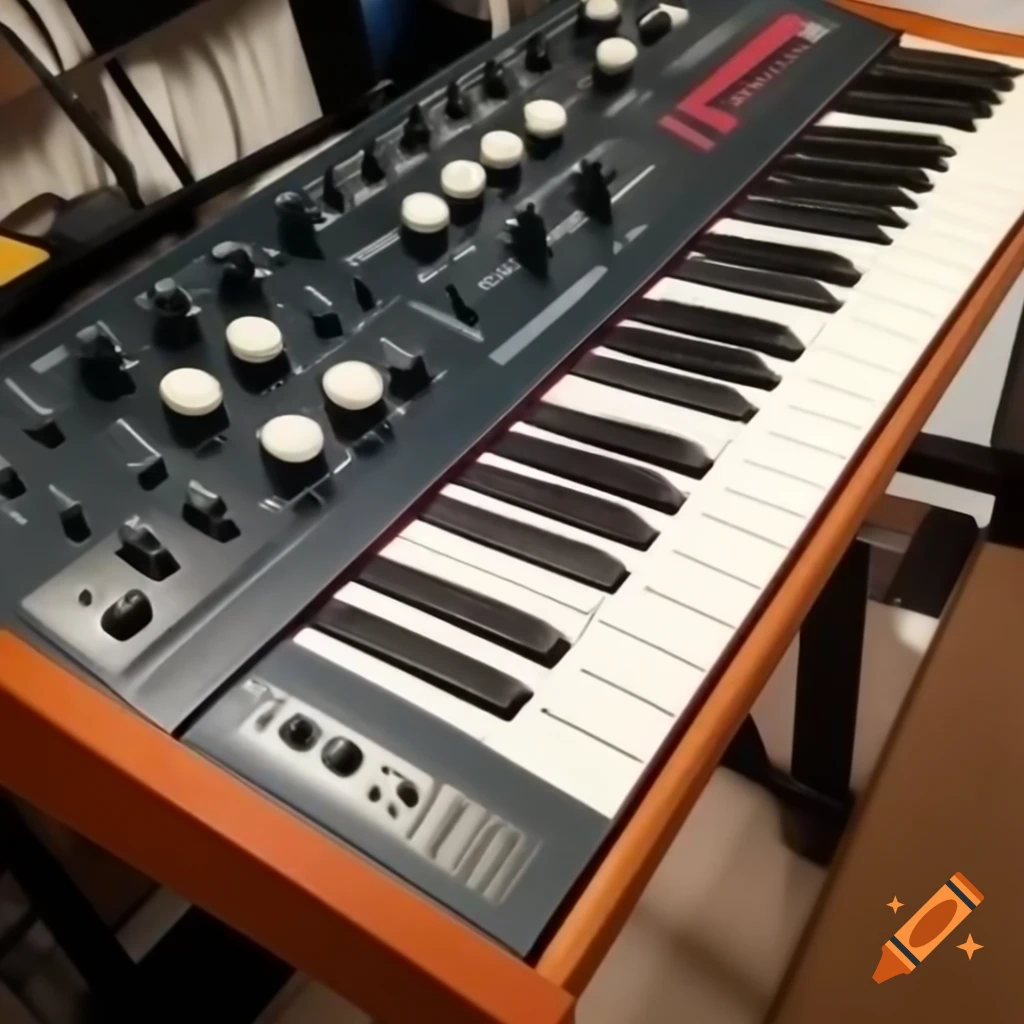 Fancy synthesizer with wooden side and knobs in a room, top right view