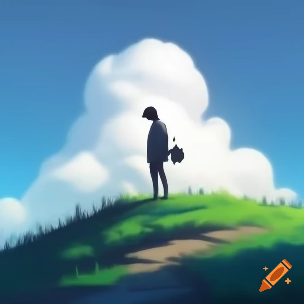 Man standing on hill raising arm towards the sky