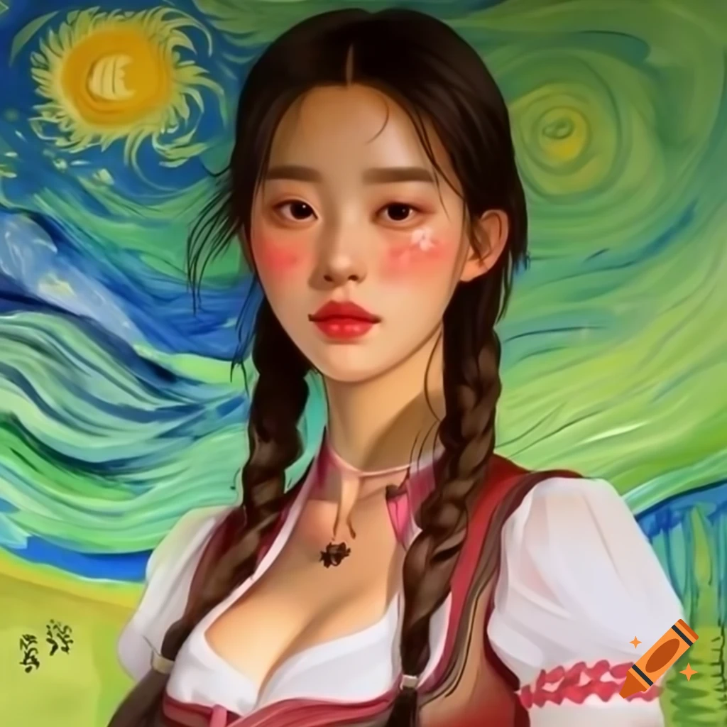 Stunning portrait of a Korean woman in Dirndl with Van Gogh and Rembrandt influences