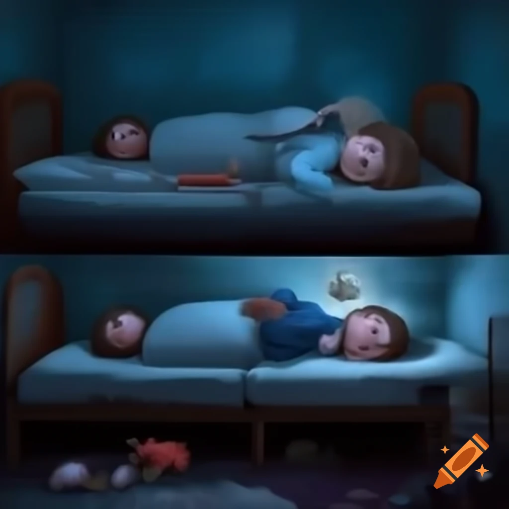 Children sleeping on beds in a long, eerie hallway