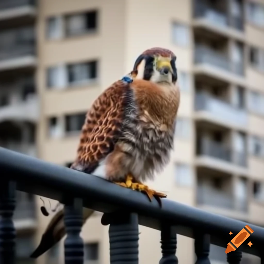 Kestrel perched on balcony railing of residential building