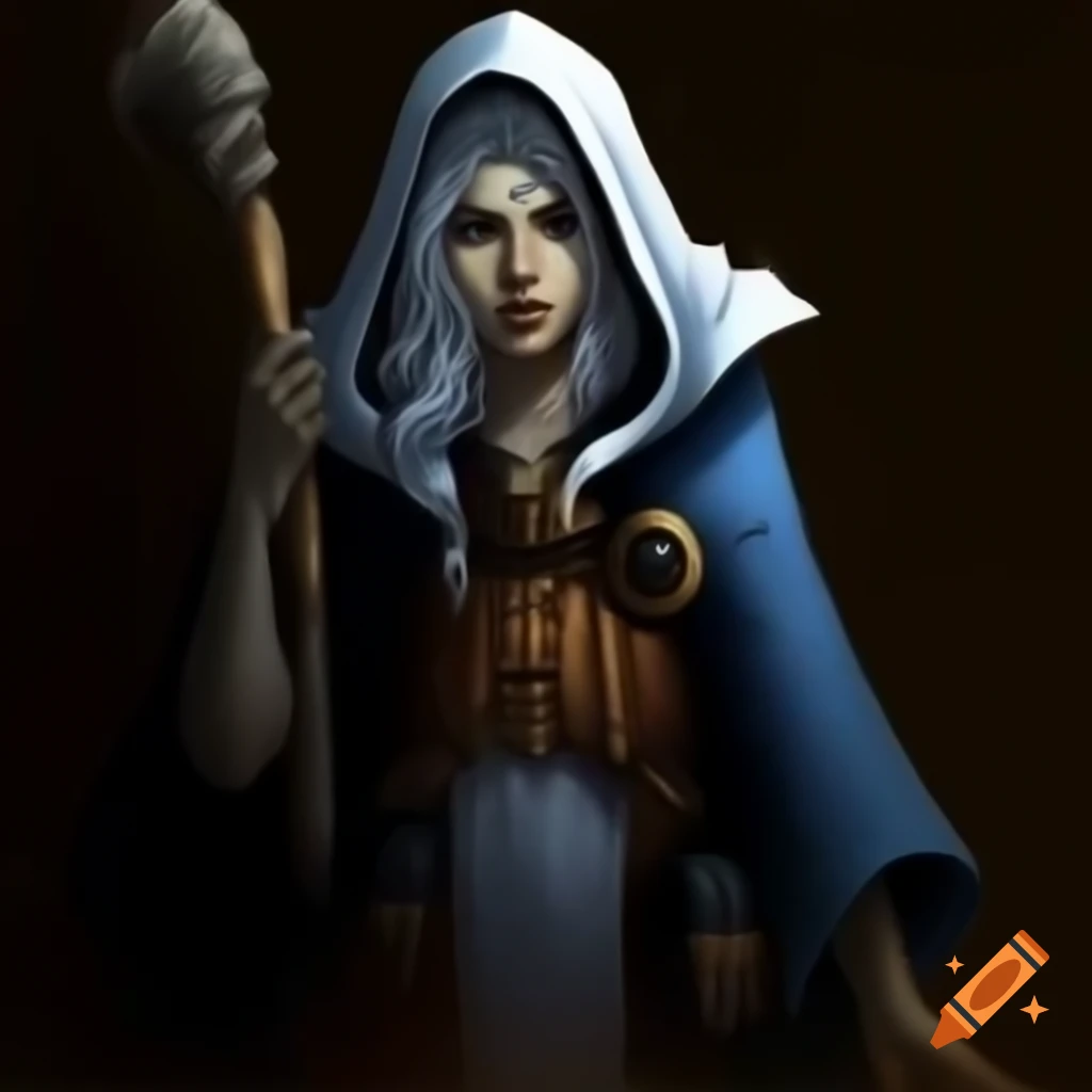 Female Warhammer 40K character in hooded psyker robes holding a staff, comic style