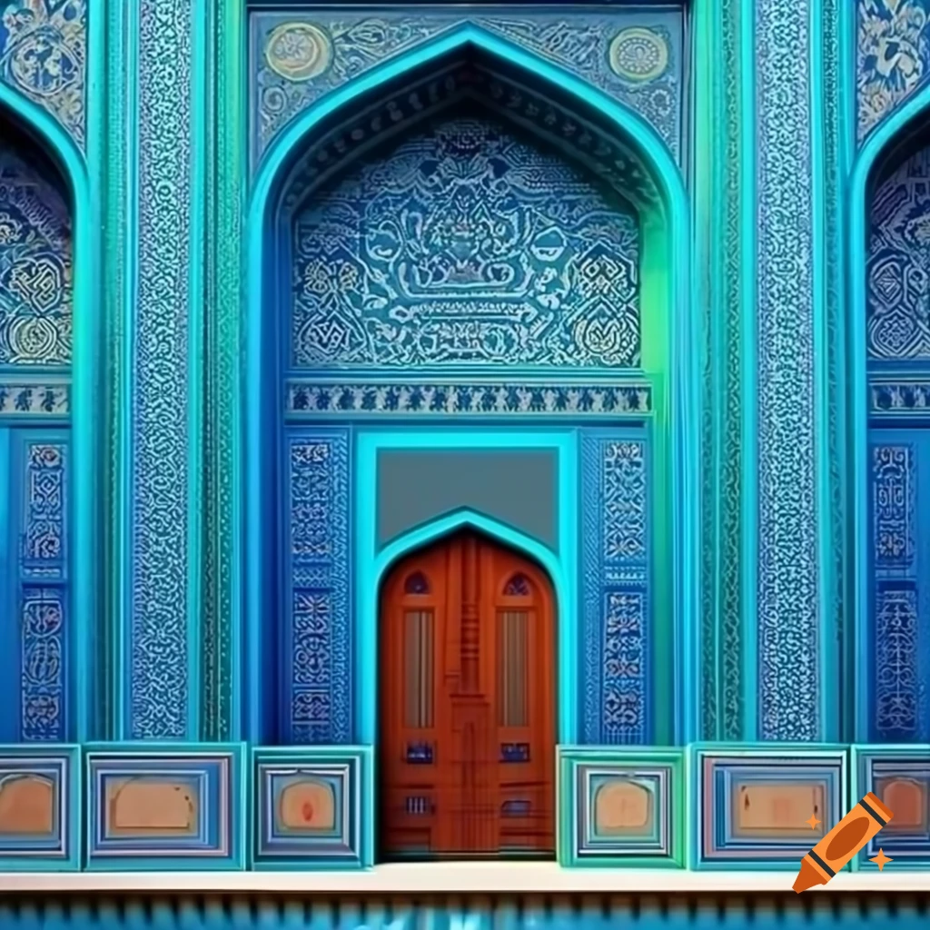 Vibrant blue and green wall featuring traditional Mughal patterns