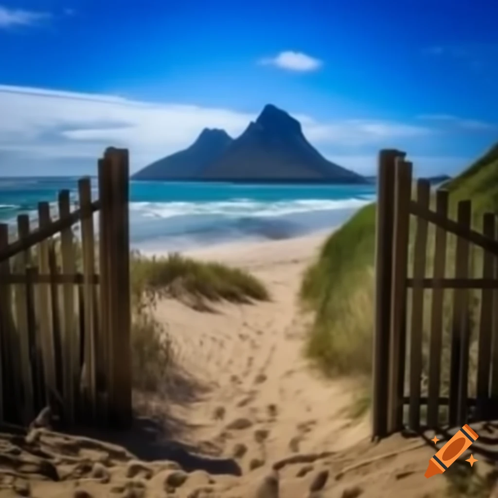 Beach with gate leading to mountains
