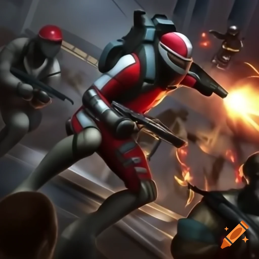 Chancellery Guards in futuristic uniforms in a victorious sci-fi battle scene