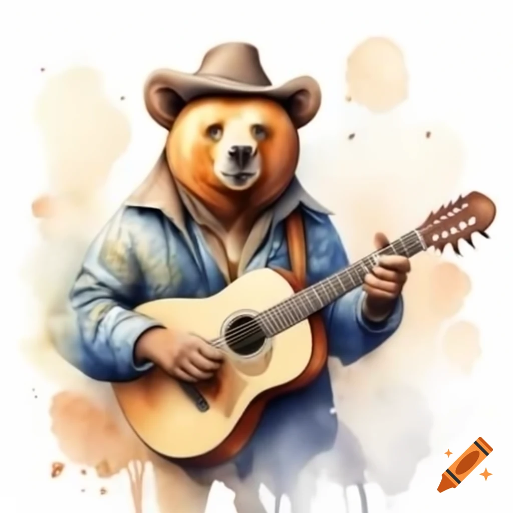 Bear singing with guitar in a country style