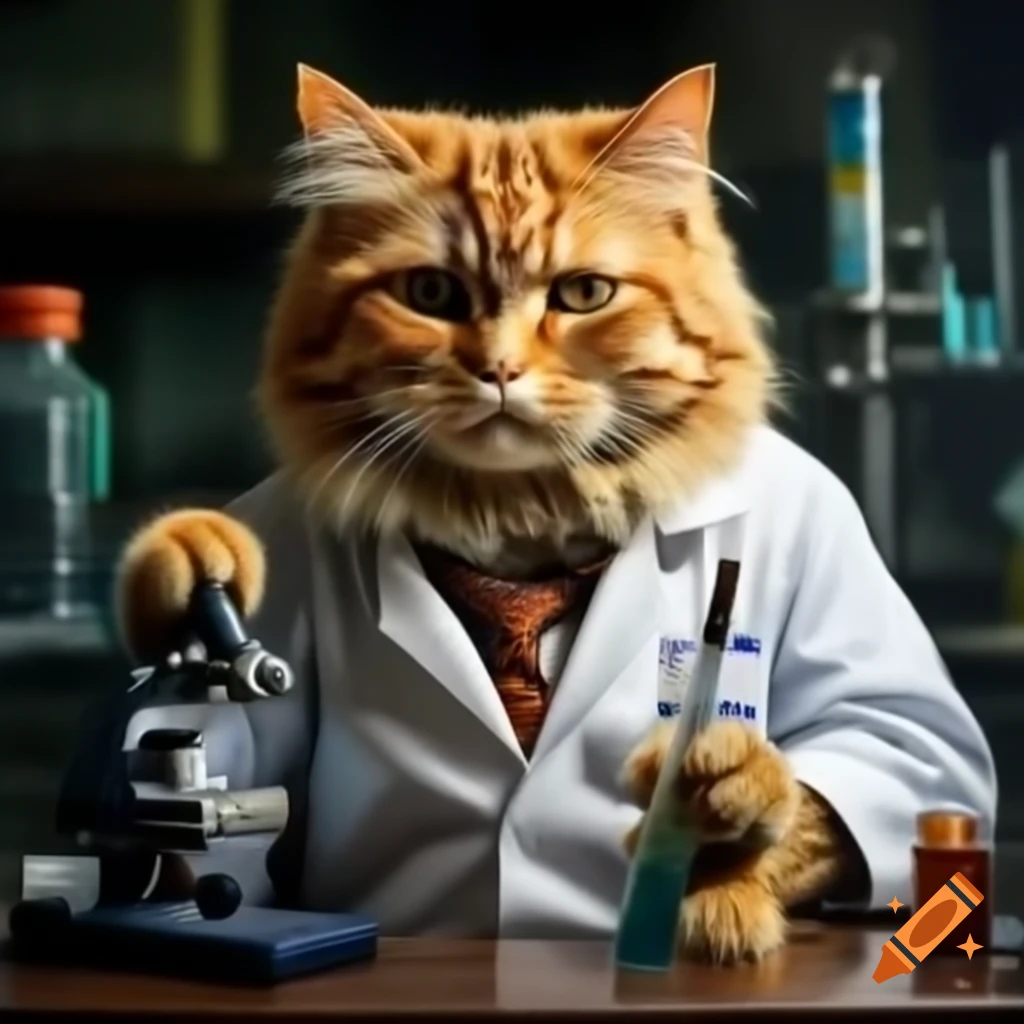 Orange cat in laboratory coat holding syringe with microscope in background