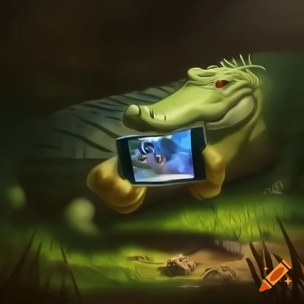 Crocodile watching lion catch gnu on phone, imaginative painting