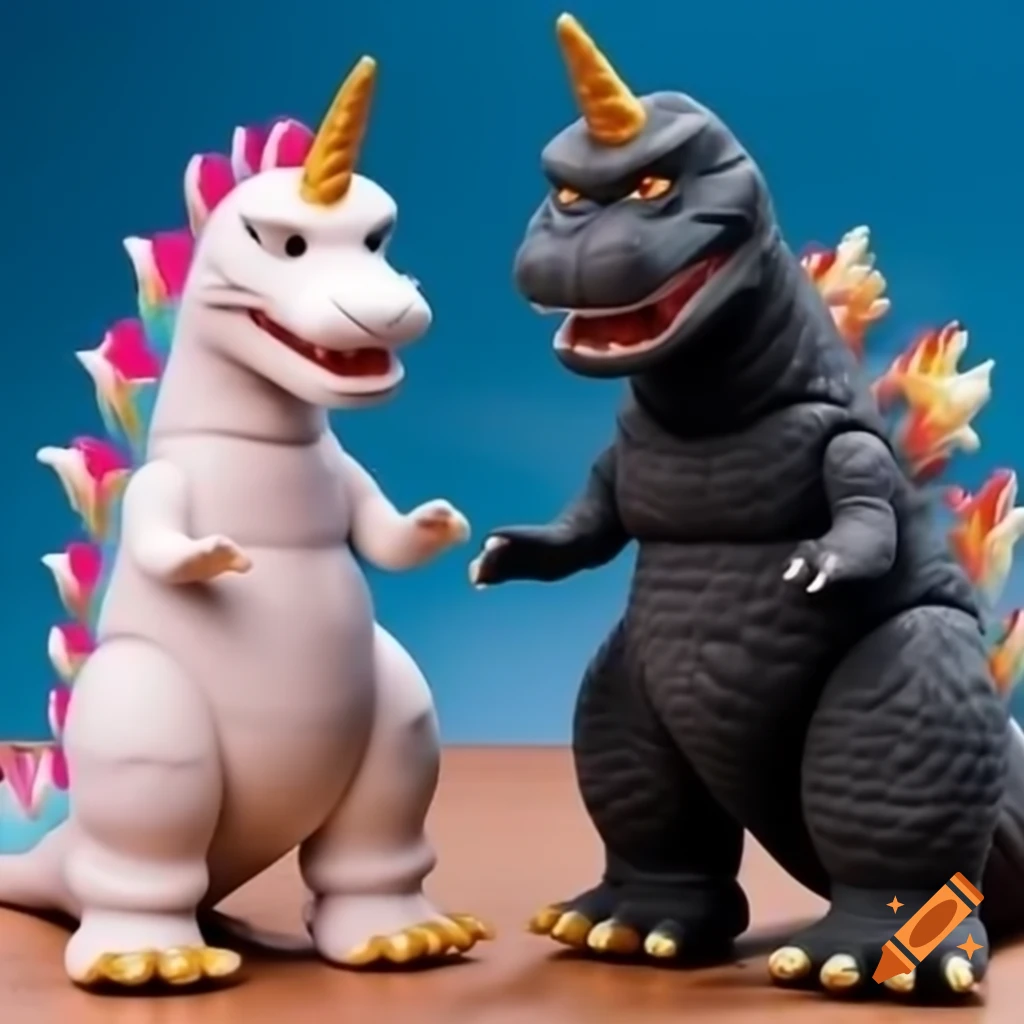 Mixer of unicorn and Godzilla with music group logo, Puppet Mastaz
