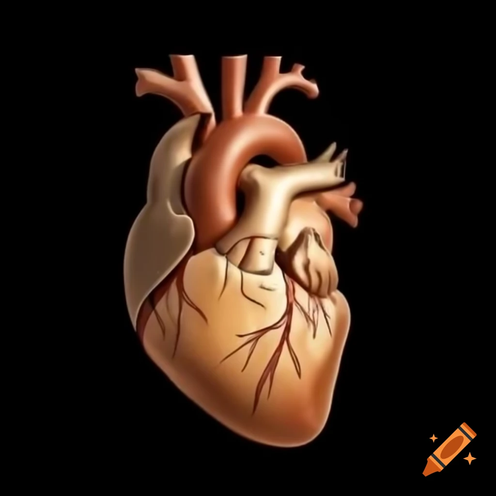 Intricate wooden anatomical heart against black background