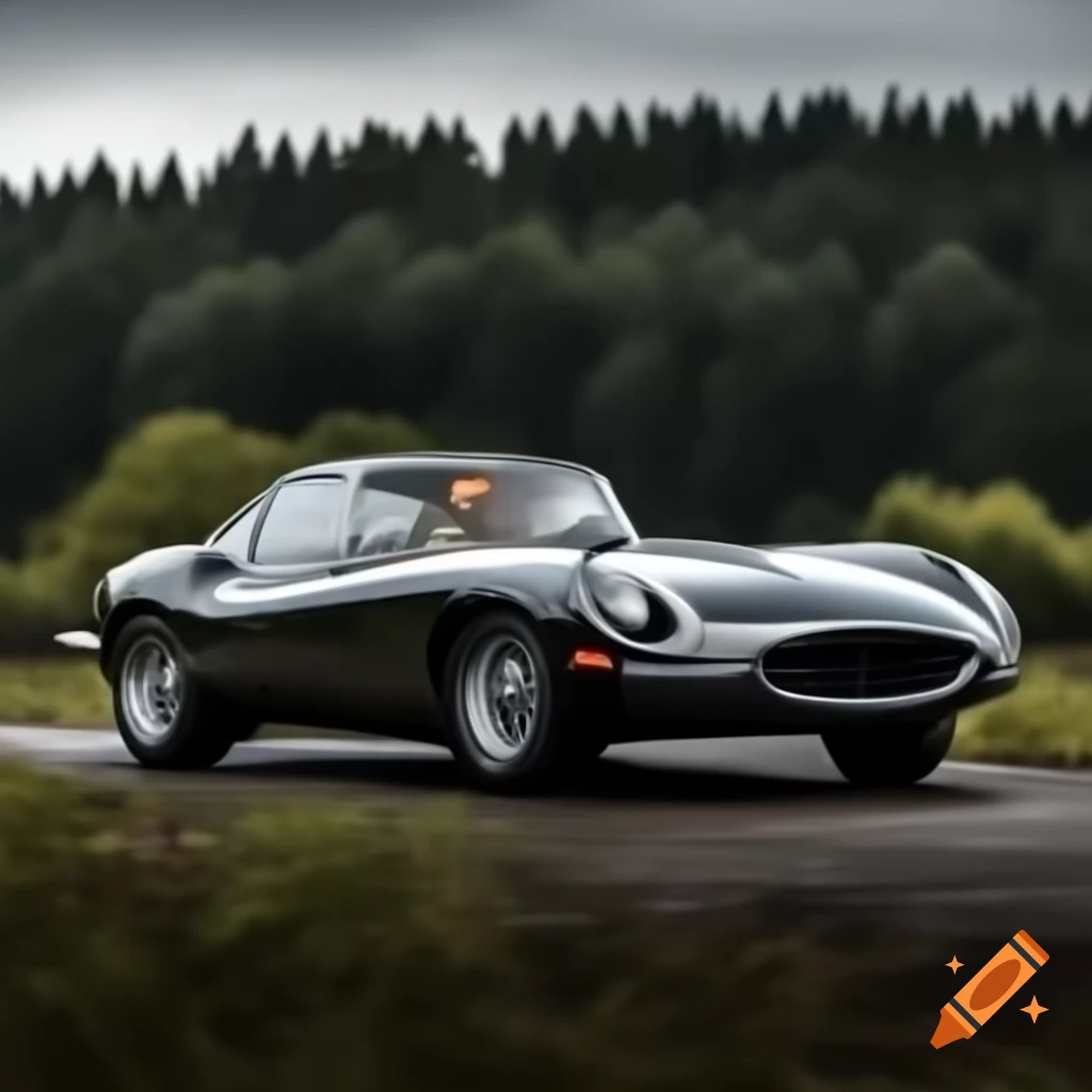 Sleek 1970s Jaguar XKE in wooded landscape with green foliage