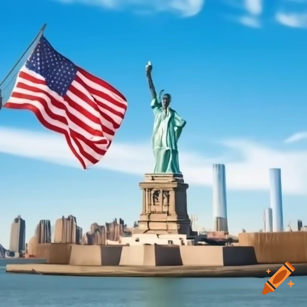 USA flag with Statue of Liberty and New York City skyline