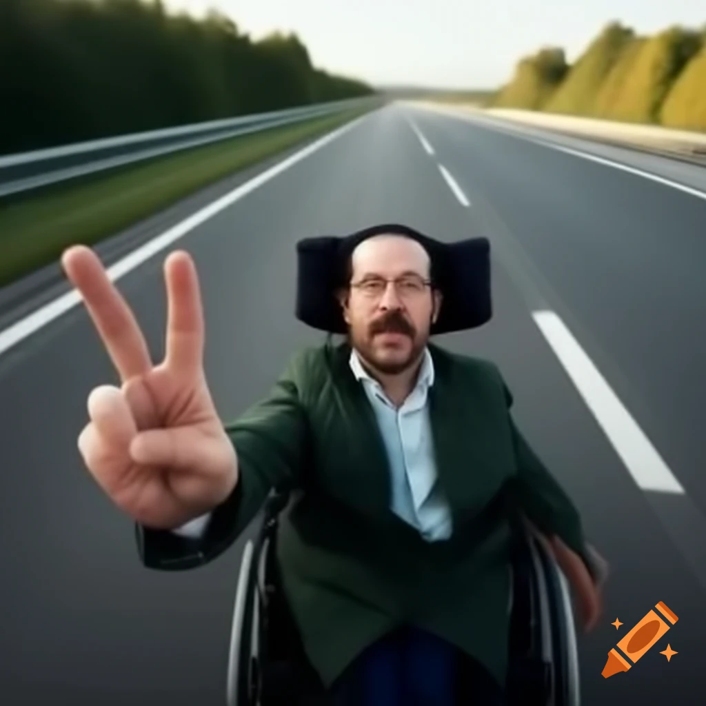 Man with four fingers in wheelchair zooming down motorway
