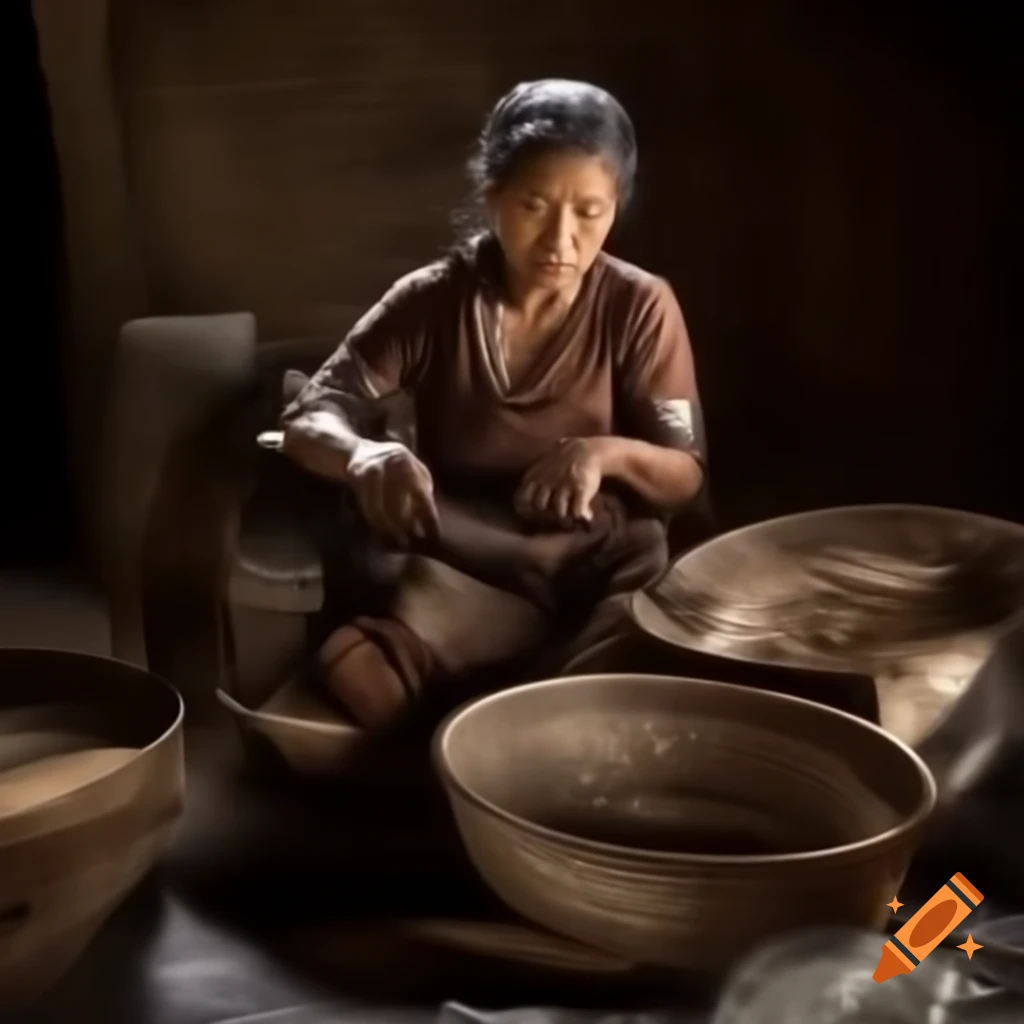 Woman weaving baskets by village well with soft shadows from the sun