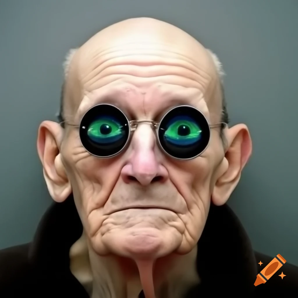 Photorealistic mugshot of a 60-year-old man with unflattering glasses