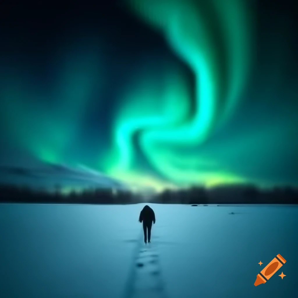 Old man walking in snow with northern lights overhead