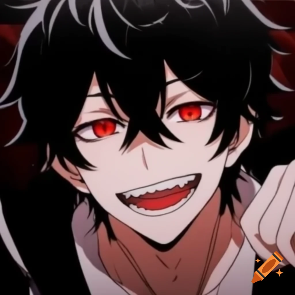 Anime character with black hair, red eyes, and mischievous grin